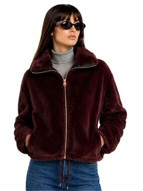 Lucky Brand Burgundy Teddy Faux Fur Jacket Size M NWOT